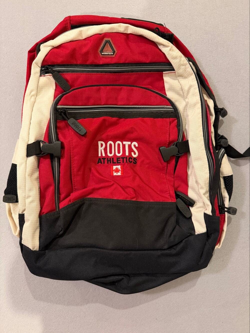 Roots Athletics Red Black Cream Laptop Backpack Travel School Book Bag Canada